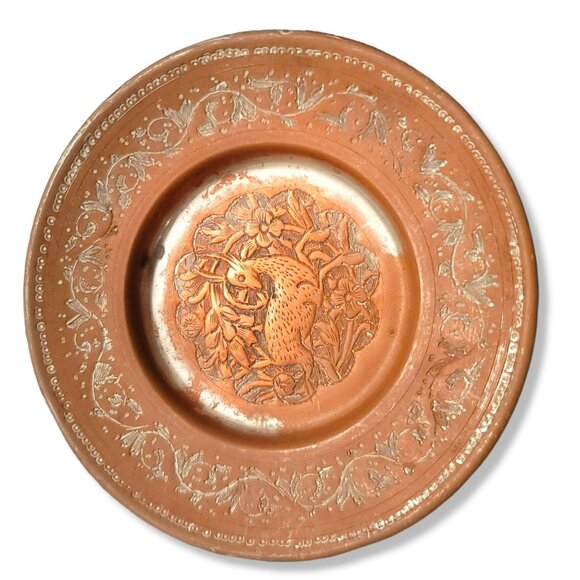 Vintage Tray Copper Persian Round with Tin Wash Deer or Antelope Design JH1334 - Picture 2 of 5